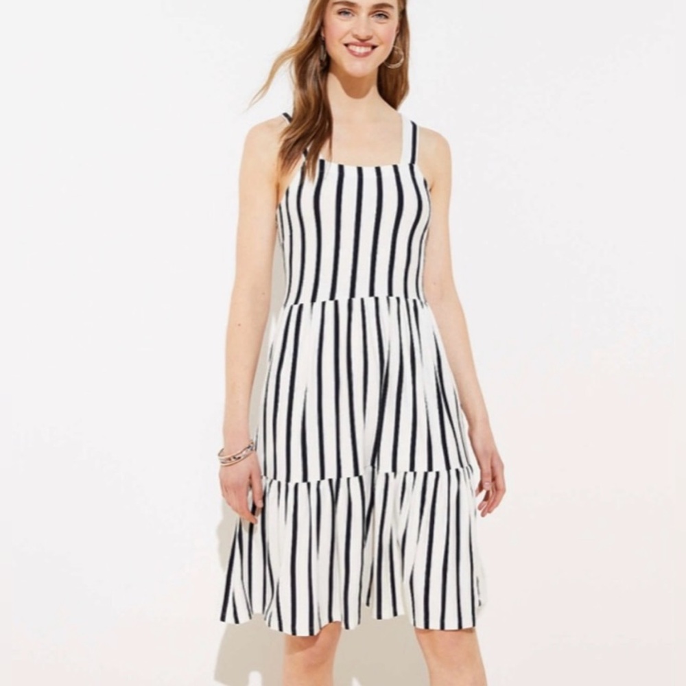 LOFT Striped Tiered Square Neck Dress - Picture 2 of 10